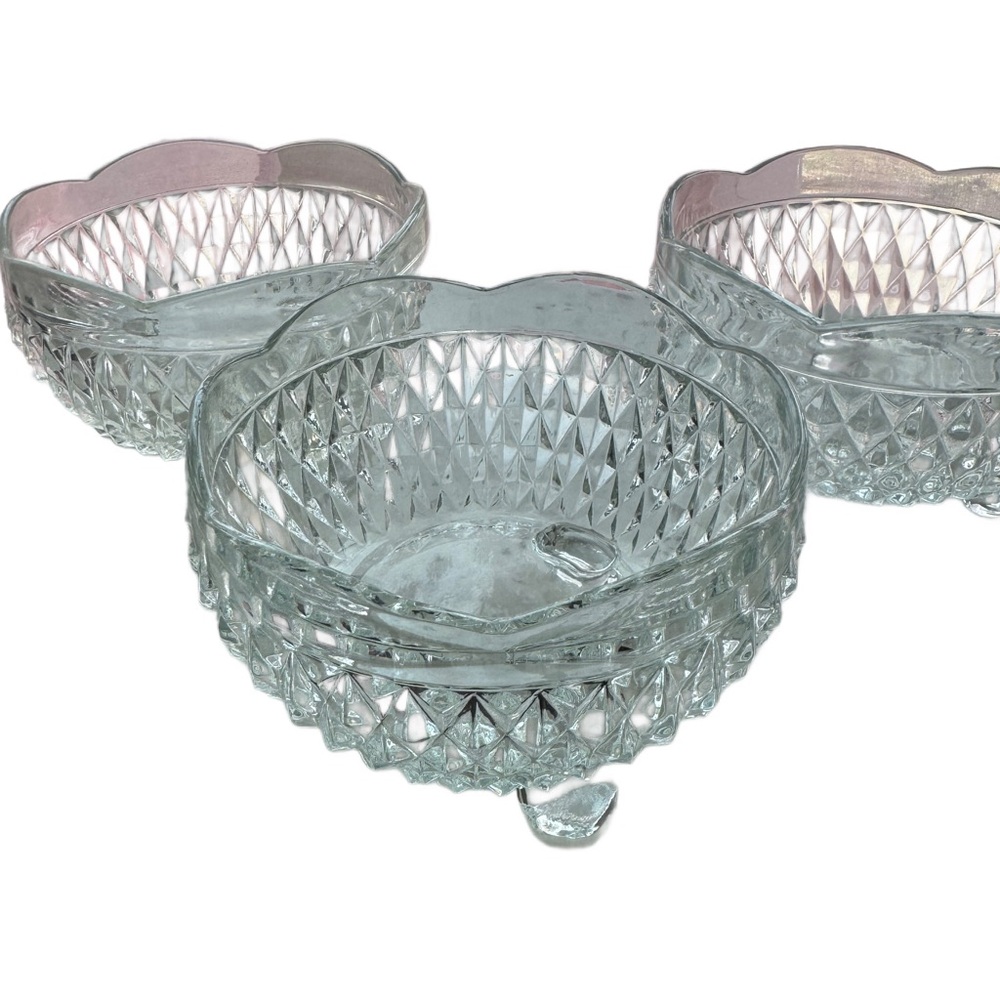 Vintage Indiana Glass Diamond Point 3 Footed Clear Dish; Bon Bon Set of Three